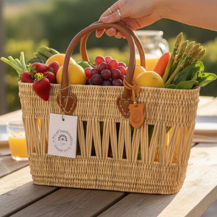 Market Reed Storage, Leather Baskets Shopping Gift Bag for wholesale by MOROHANDS