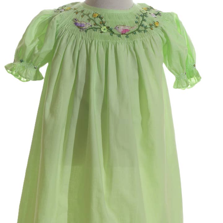 Green Geo Smocked With Birds Embroidered Short Sleeve Dress for wholesale by Hello Bebes!