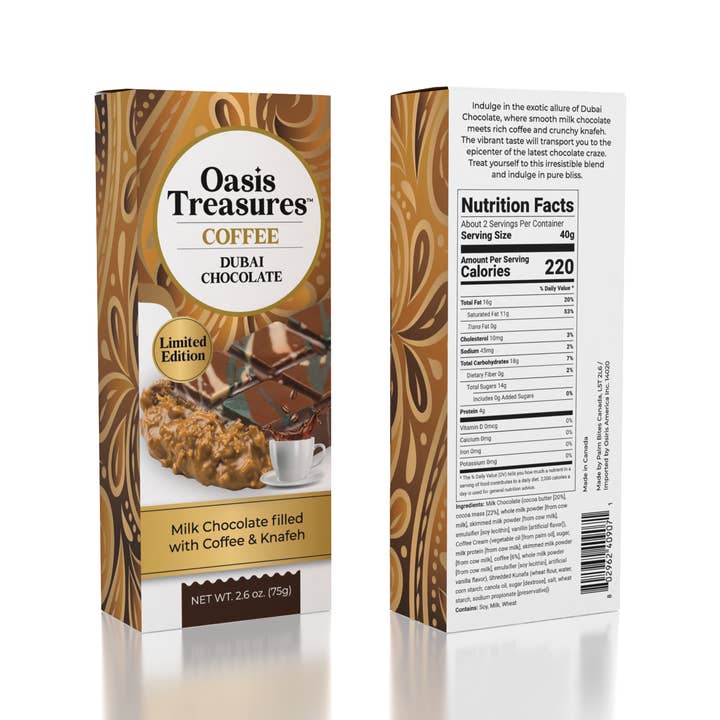Showcase - Wholesale Chocolate Bar - Dubai Chocolate Bar Limited Edition Arabica Coffee by Oasis Treasures (75g)
