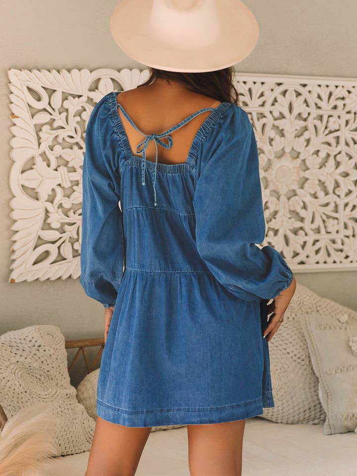 Dusk Blue Square Neck Denim Mini Dress with Side Pockets for wholesale on Faire5
