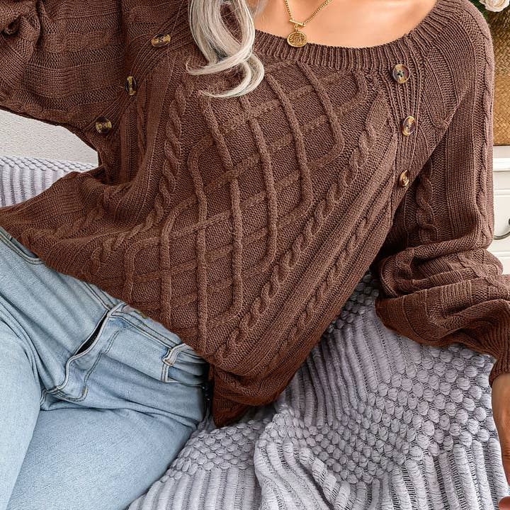 Suhkasana - Wholesale Knitted jumper – Women′s - Fall Winter Casual Square Neck Button Detail Cable Knit Swea51