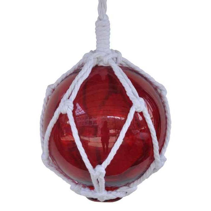 Hampton Nautical - Wholesale Tafelbladdecoratie - Rode Japanse Glazen Bal Vissen Vlotter Met Witte Netting Decoratie 6"