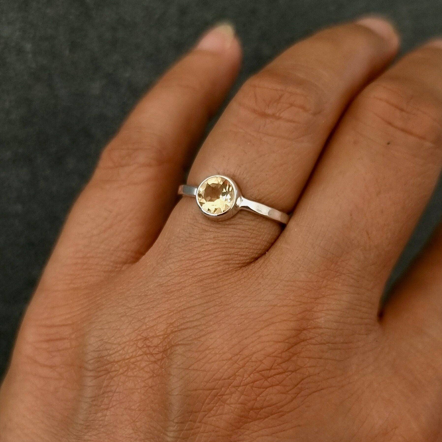 Mistry Gems - Wholesale Single Stone/Solitaire Ring - Unisex 6mm Round Citrine Ring | Hammered Sterling Silver3