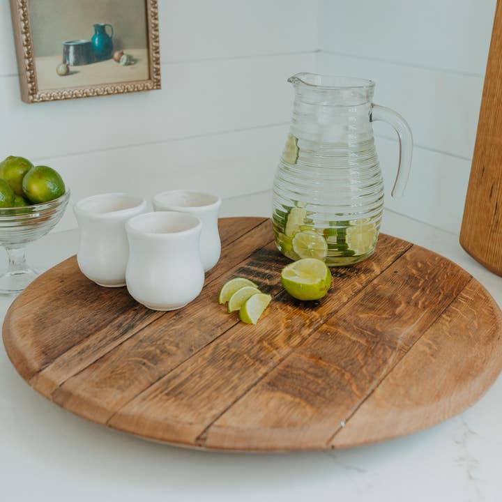 Whiskey Barrel Head Lazy Susan – Reclaimed Barrel Top for wholesale by Sono Inspired