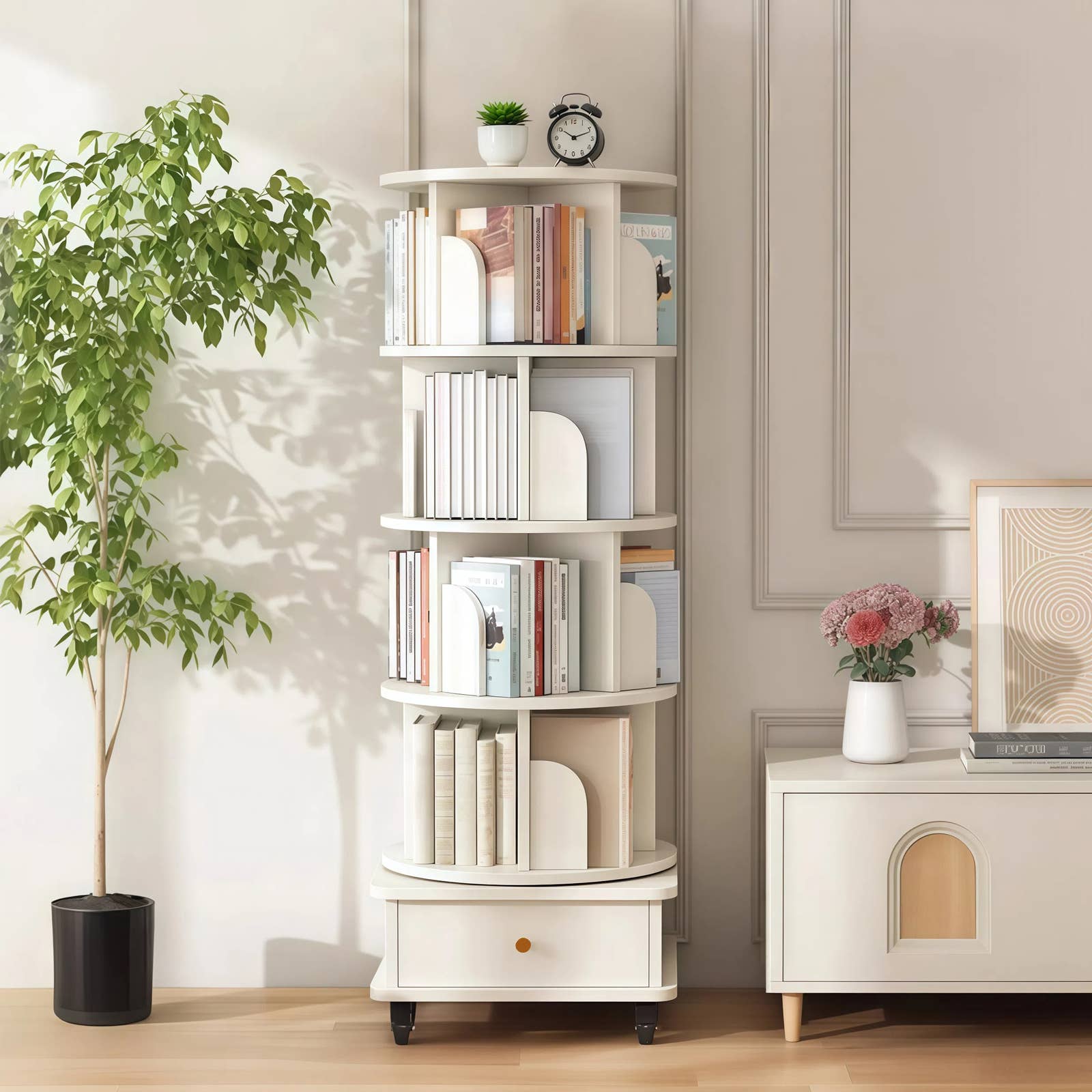 39F Inc. - Wholesale Bookcase - 5/6-Tier 360° Rotating Bookshelf with Drawer, White/Wood16