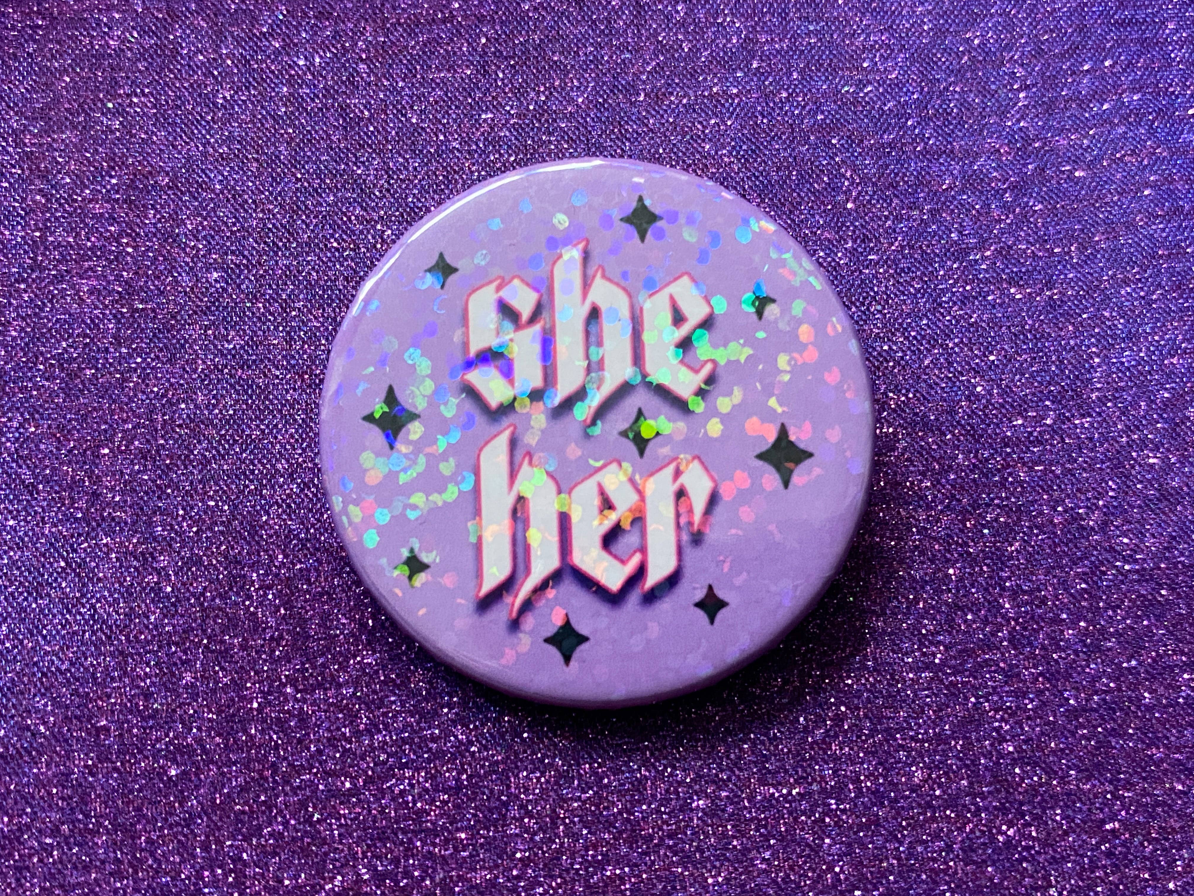 Magical Meow – wholesale Lapel pin/button – She/Her Pronoun Holographic Pin Badge