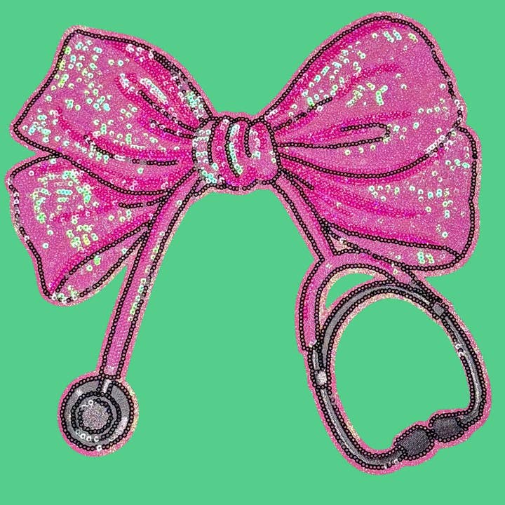 sequinandstiches - Wholesale Patch - Stethoscope Bow Patch, 11 in Sequin Patch, Nurse Patch, Medical Patch, Pink Patch, Iron on Patch, DIY1