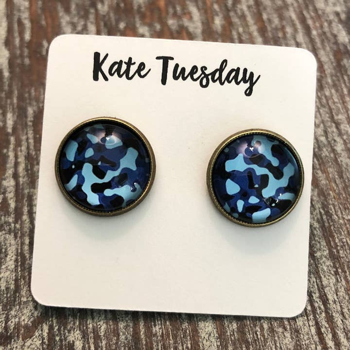 Blue Camo Earrings Camouflage for wholesale by Kate Tuesday Jewelry