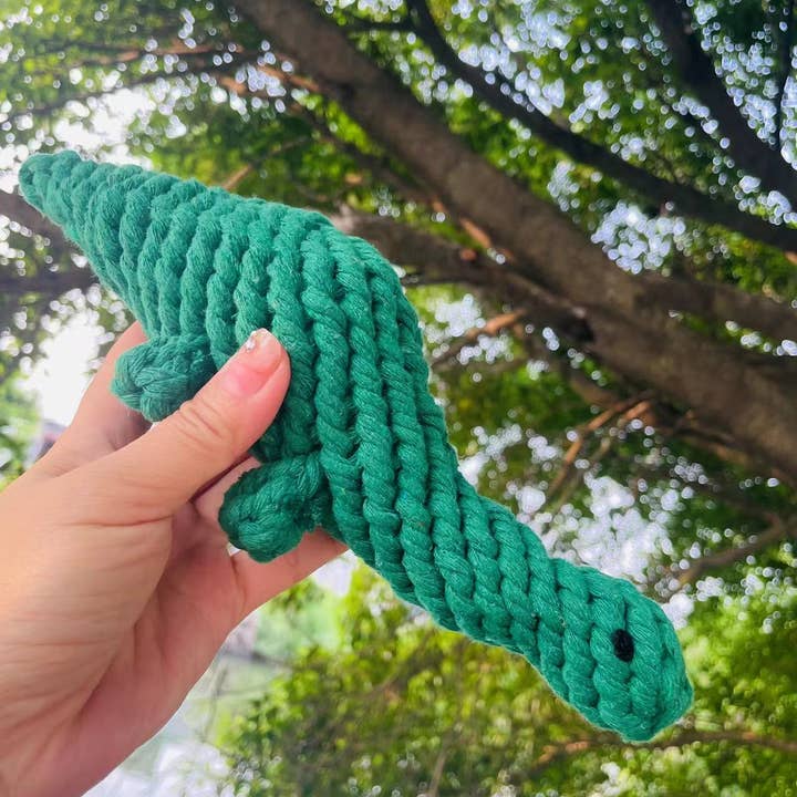 Handmade Sustainable Green Dinosaur Rope Toys for wholesale by Monli Handcrafted Pet Toys