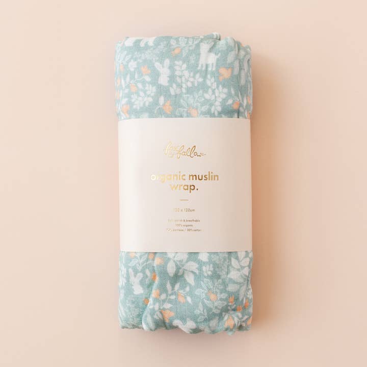 Forest Friends Sage Organic Muslin Wrap Swaddle for wholesale by Fox & Fallow