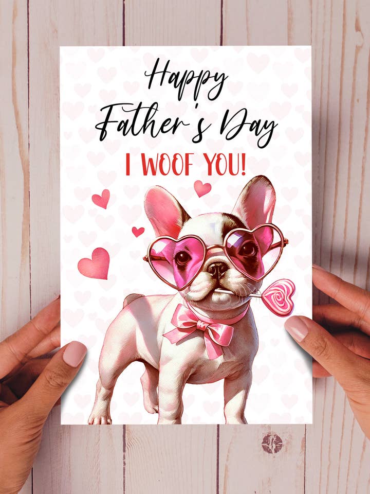 Joyeuse fête des pères, je te woof - Carte de chien Bouledogue français pour la vente par Homemade Hollydays Wholesale