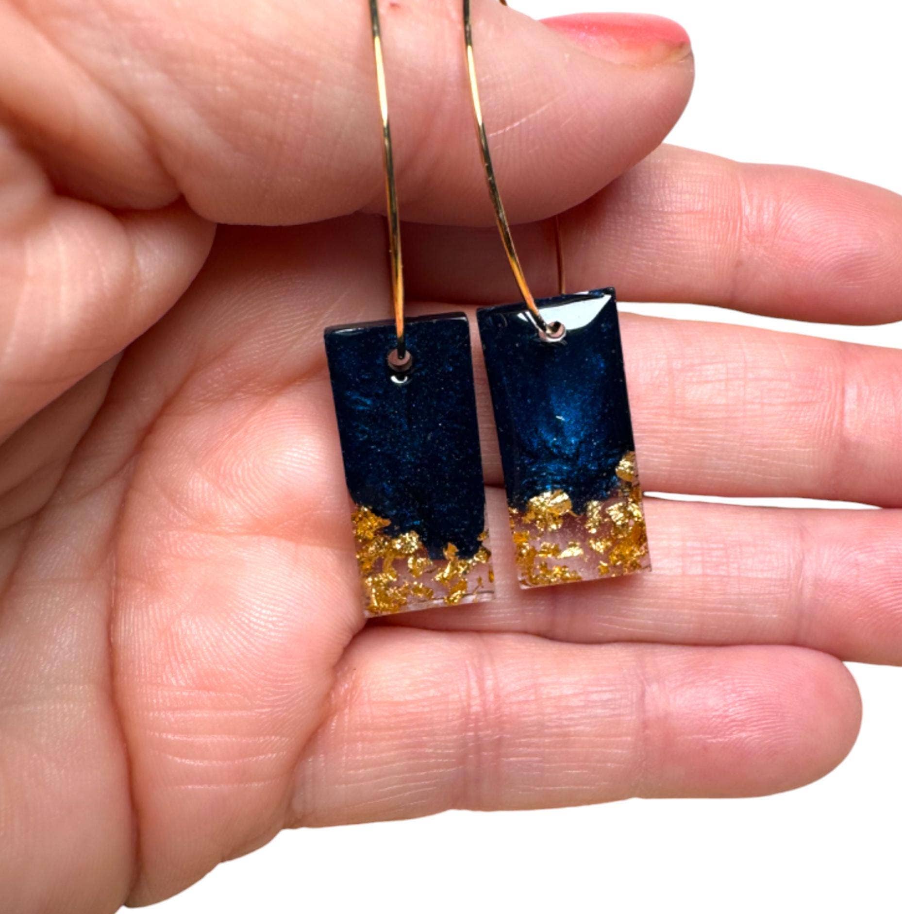 Fish Towne Designs, LLC - Wholesale Dangle Earrings - Navy Blue and Gold Leaf Resin Bar Earrings Handmade6