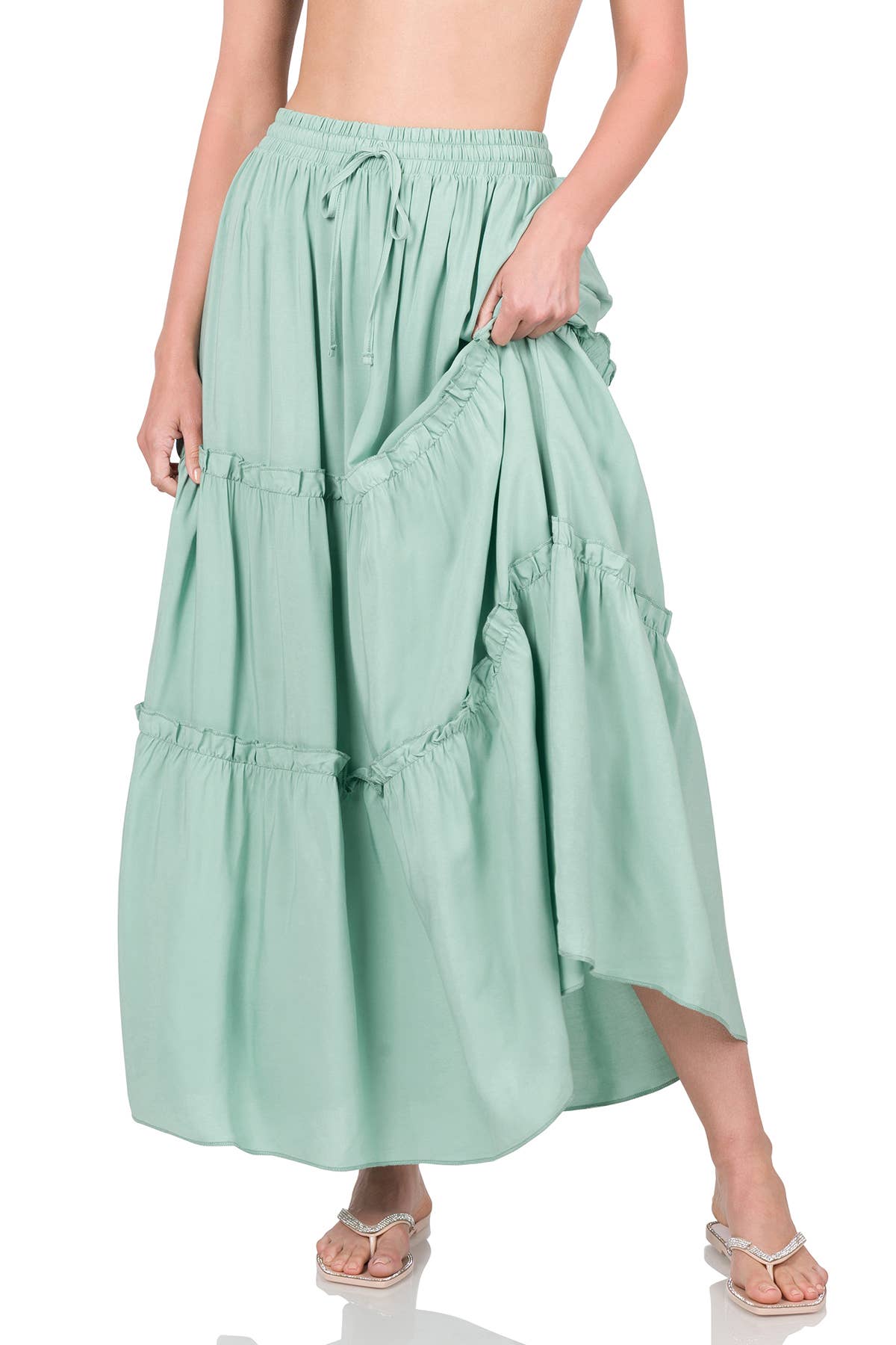 42POPS - Wholesale Skirt - Women's - ".._ SI-23043 WOVEN DRAWSTRING WAIST TIERED RUFFLE MAXI SKIRT