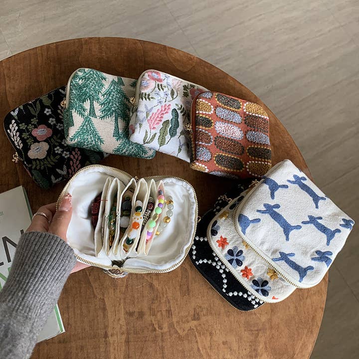 Embroidered Cotton Linen Jewelry Storage Bag for Rings and Necklaces for wholesale by Halcyon Outfitters®