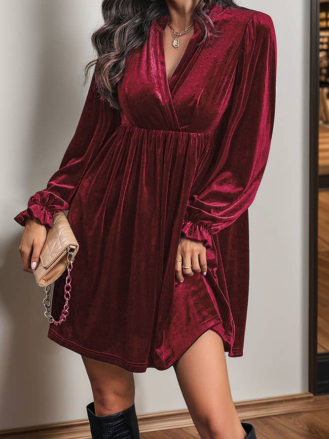 UNISHE - Wholesale Dress - Women's - Long Sleeves V Neck Smocked Velvet Dress BFZY11962