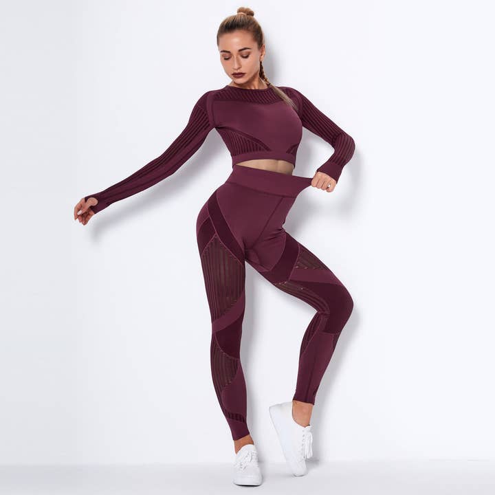 Svelte Seduction - Wholesale Activewear set – Women′s - New Seamless Net Hole Quick Drying Sports Yoga Long Sleeve Striped Fitness Trousers Yoga Suit2