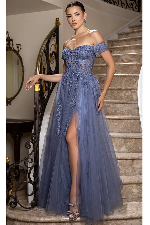 Babyfox Apparel – Vestido comprido - Mulher por atacado – Vestido de Linha A com Decote Ombro a Ombro e Bordado0