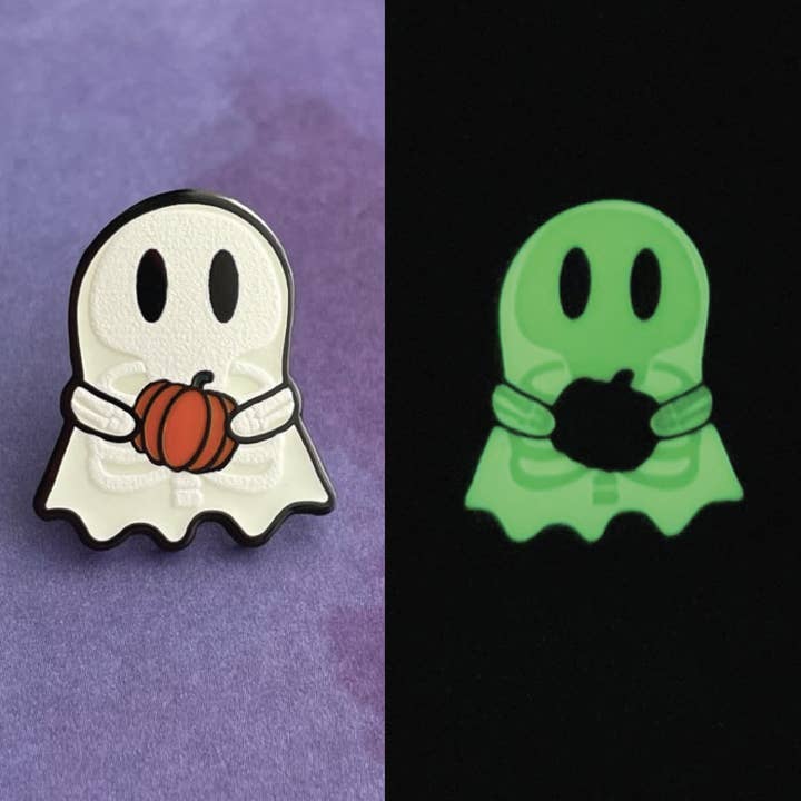 Ghosty Skeleton with Pumpkin Pin - GLOWS IN THE DARK! for wholesale by Rad Girl Creations