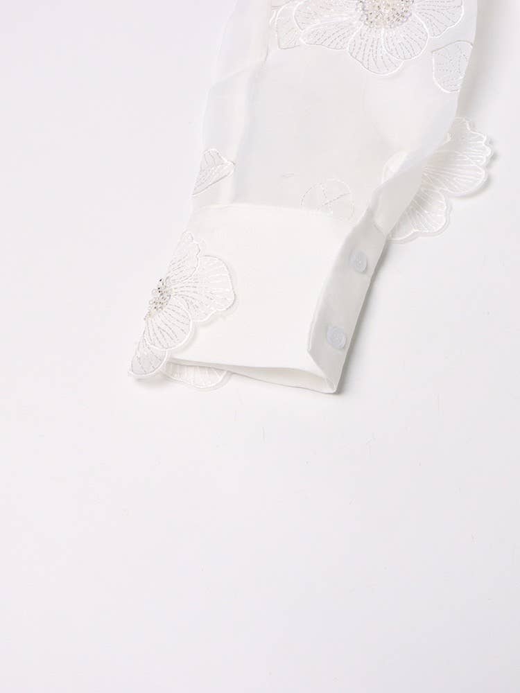 Productseeker - Vente Chemise à col boutonné – femme - Chemise en organza de luxe ST003 avec détails floraux en sequins 3D8