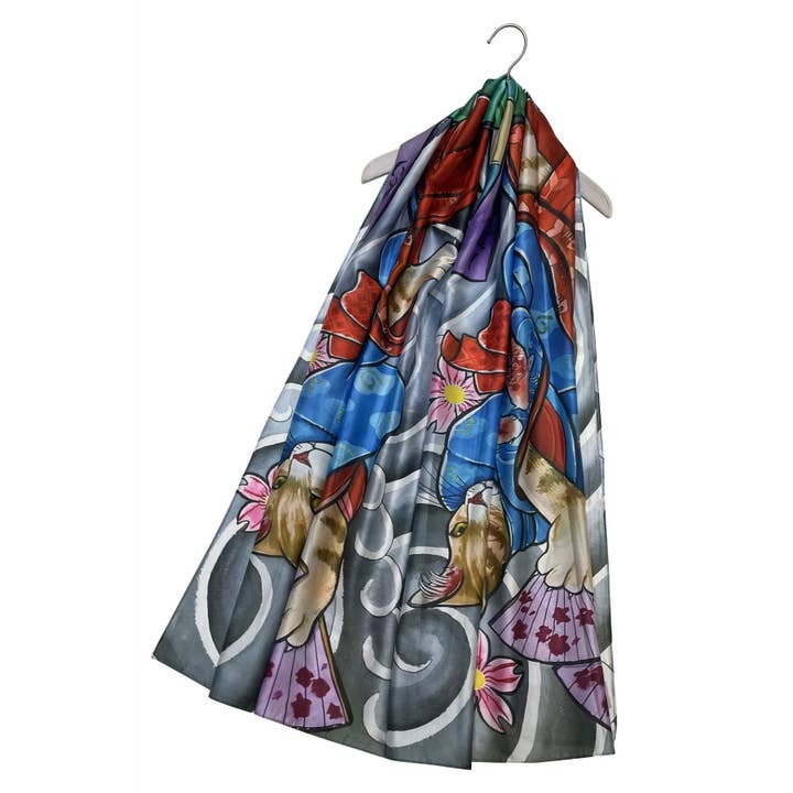 Fashion Scarf World – Cachecol - Mulher por atacado – Cachecol Gato Geisha Print Silk Japonês1
