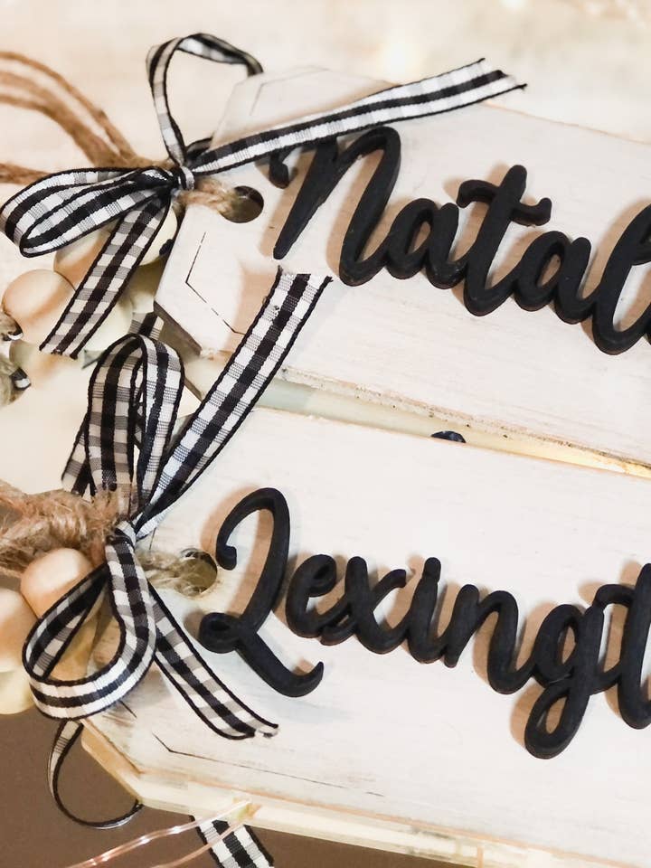 Wood Stocking Name Tag - Christmas Gift Tags - Personalized Stocking Tag-beaded Garland Stocking Tag- Farmhouse Christmas Stocking Tags for wholesale by The Blended Nest