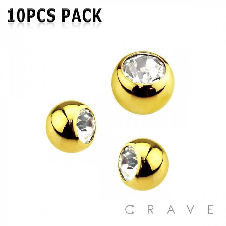 CRAVE BODY JEWELRY – wholesale Smycken – 10ST GULD 316L SS KLAR PÄRLA GÄNGADE BOLLAR PAKET