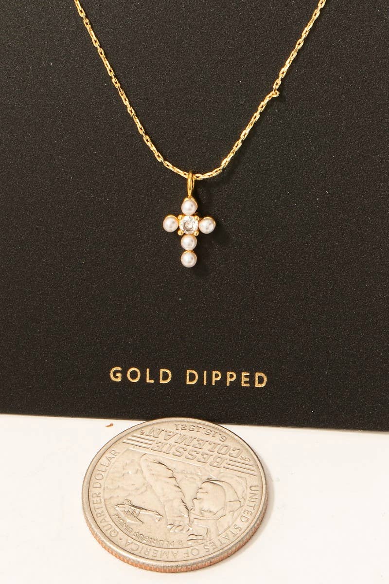 Gold Dipped Cz And Pearl Cross Pendant Necklace for wholesale on Faire1