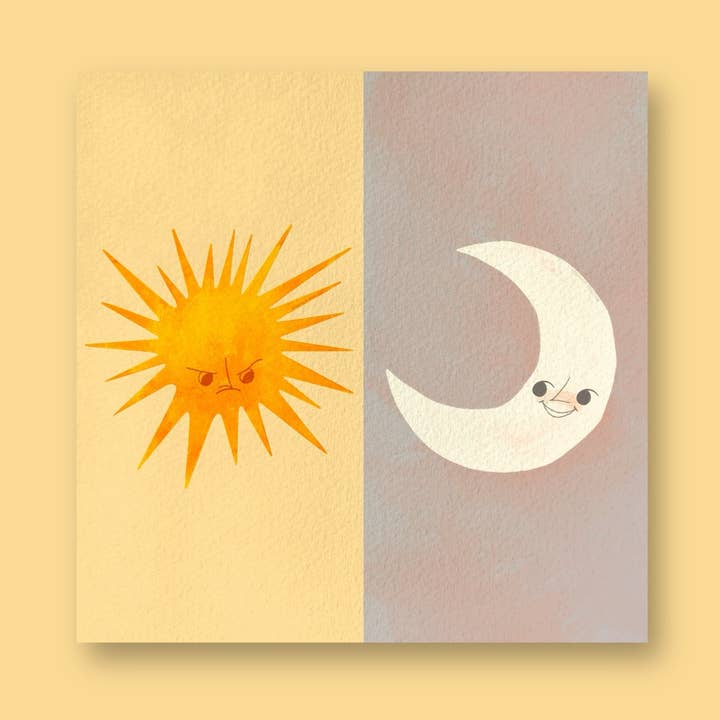 Annoyed Sun & Happy Moon Art Print for wholesale by Veronica Porlier Illustrations