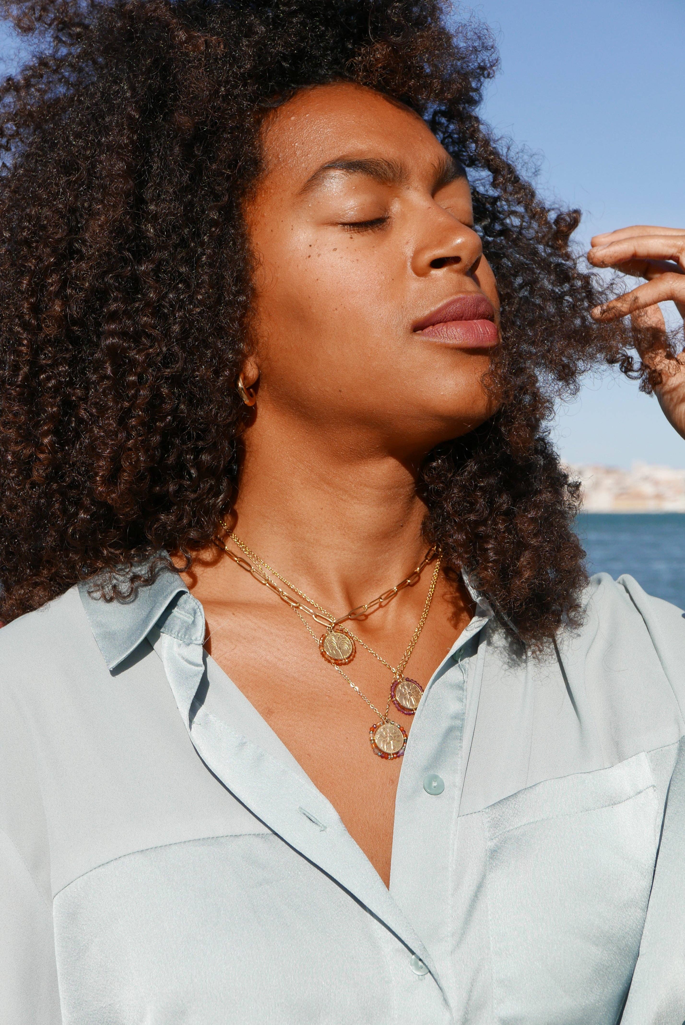 Palas - Wholesale Pendant/Charm Necklace - Palma Sand - golden chain necklace with medal and stones4