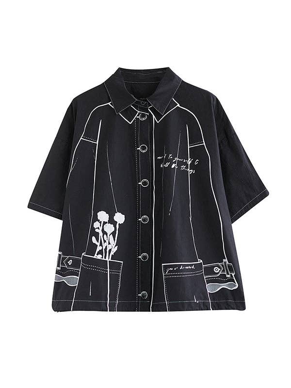 Sheer Trend – Camisa com botões no colarinho – Mulher por atacado – Blusas de lapela com junta dividida com estampa em cores contrastantes com mangas curtas e soltas9