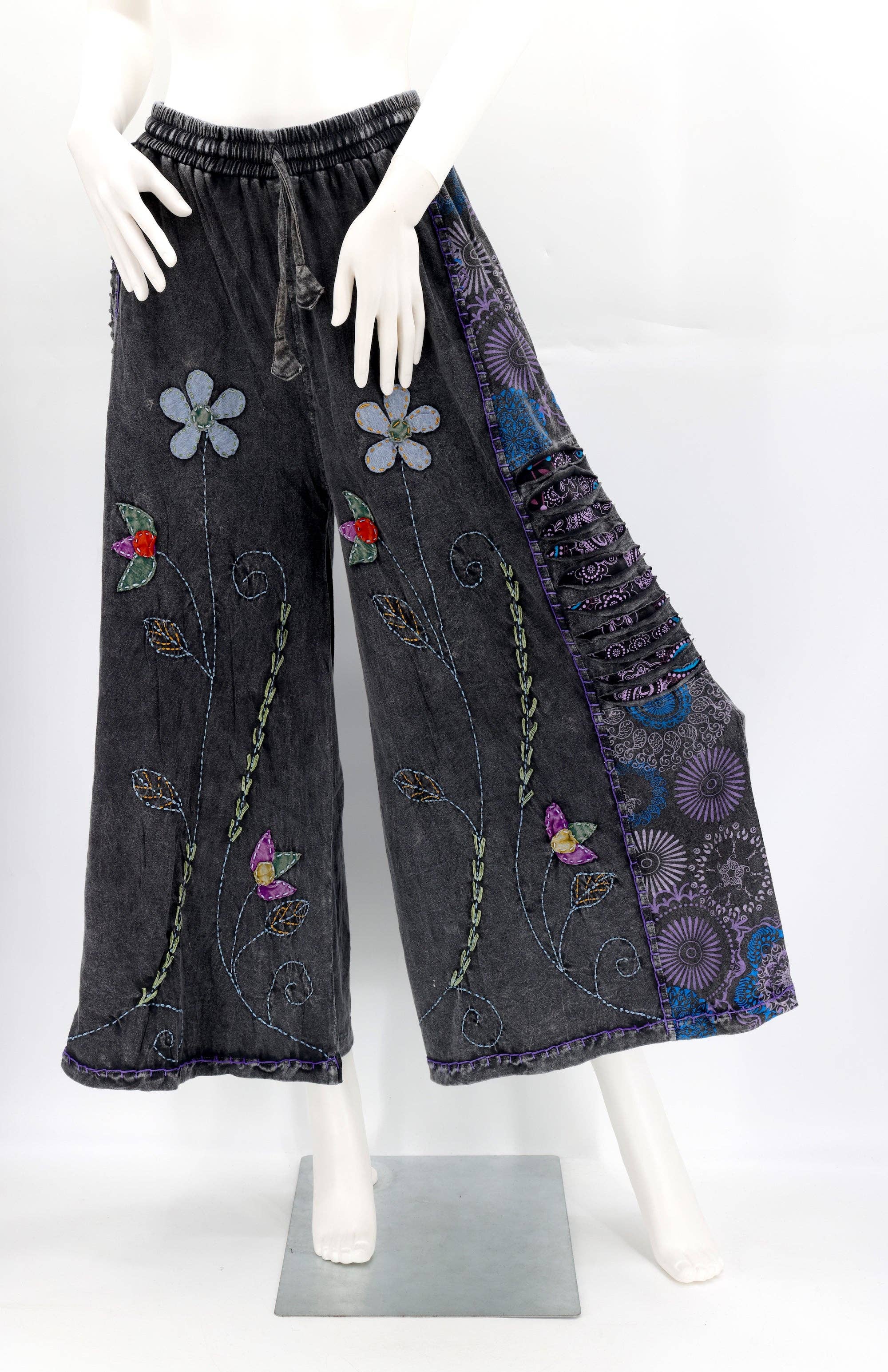 Himalaya Handmade - Wholesale Pants - Women's - Floral Embroidered Wide Leg Cotton Palazzo Pants4
