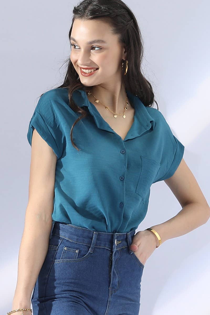 NINEXIS - Wholesale Button Down Shirt - Women's - CWTBLS033-S_SINGLE BREASTED ROLLED SHORT SLEEVE BLOUSE SHIRT6