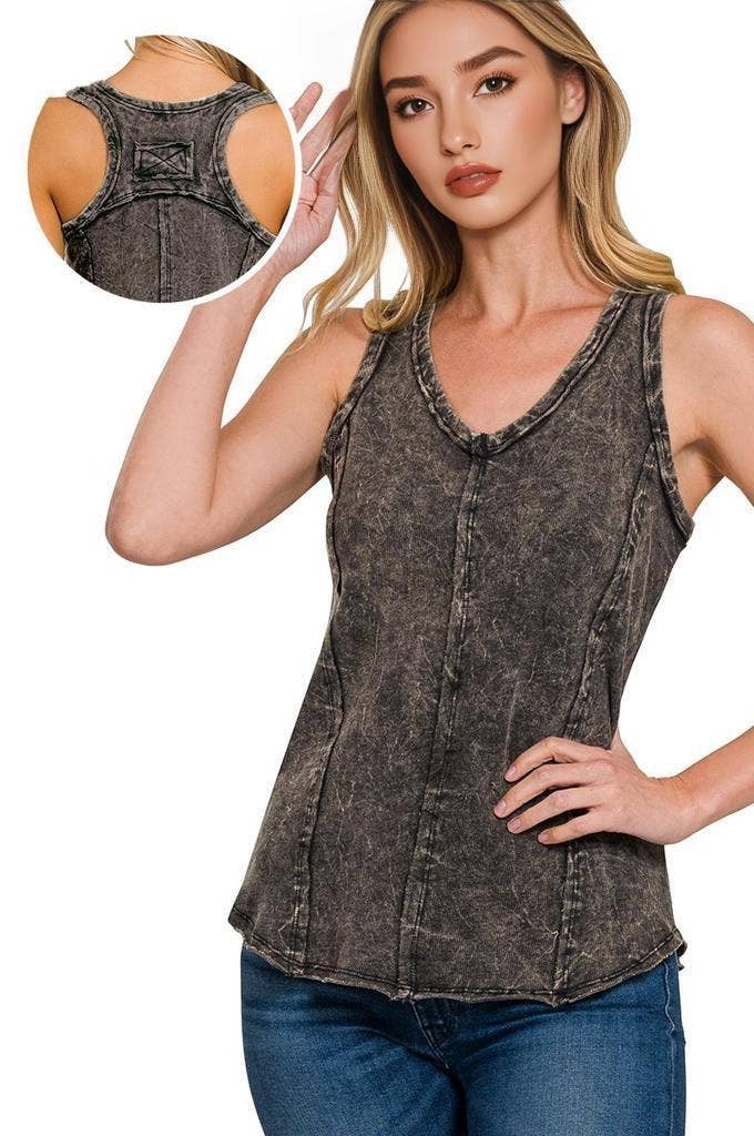 42POPS - Wholesale Tank Top - Women's - `.FRENCH TERRY CRINKLE WASHED RAW EDGE V-NECK SLEEVEL0