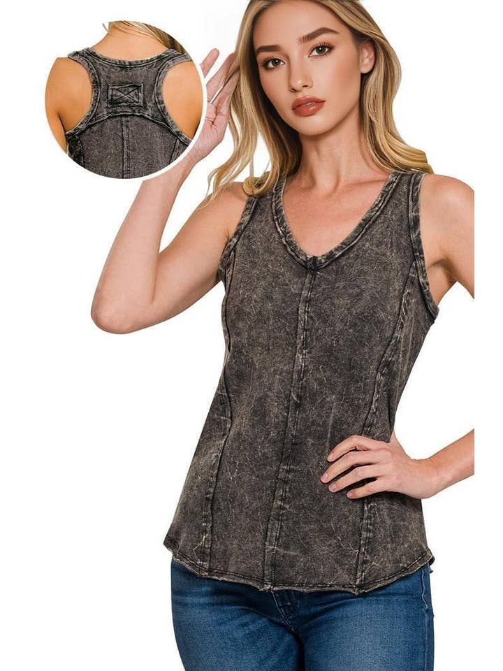 42POPS - Wholesale Tank Top - Women's - `.FRENCH TERRY CRINKLE WASHED RAW EDGE V-NECK SLEEVEL