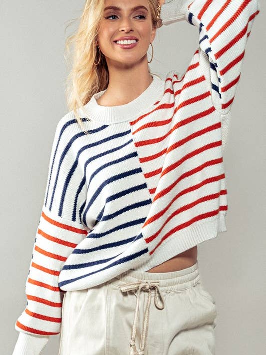 IVORY MULTI Striped Blocked Drop Shoulder Knit Sweater for wholesale on Faire