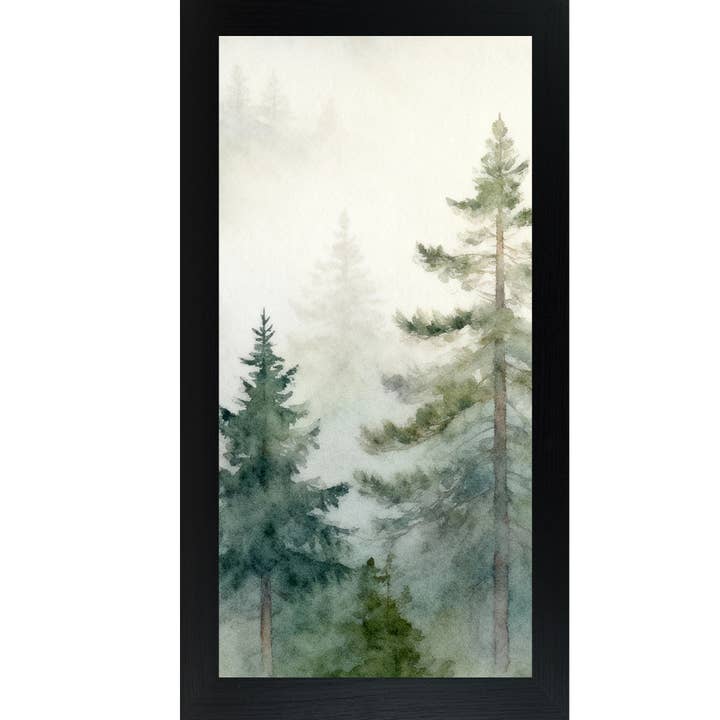 Misty Evergreen Forest Pine Tree Woods Framed Art Vertical 2 for wholesale by Summer Snow Art