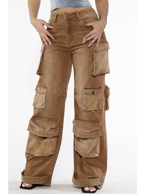Rehab Lab - Wholesale Jeans - Women's - COLOR WASHED OVERSIZED FIT DENIM CARGO PANTS