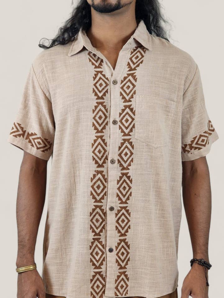 Men's Dusty Rose Organic Linen Short Sleeve Block-Printed Button-Down Shirt for wholesale by Sacred Ceremony