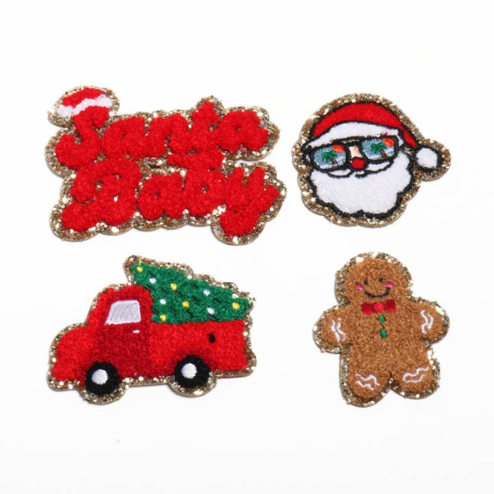Christmas Holiday Chenille Glittter Iron-On Patches for wholesale by David And Young