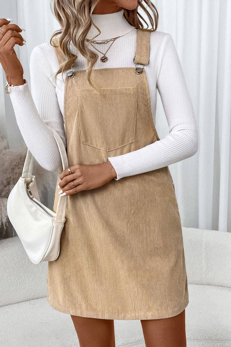 KHAKI CWDSD8740_CASUAL POCKET CORDUROY SUSPENDER DRESS for wholesale on Faire3