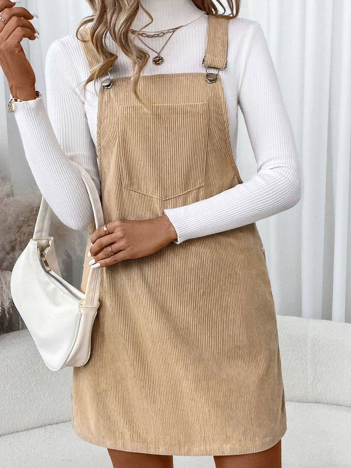 KHAKI CWDSD8740_CASUAL POCKET CORDUROY SUSPENDER DRESS for wholesale on Faire3
