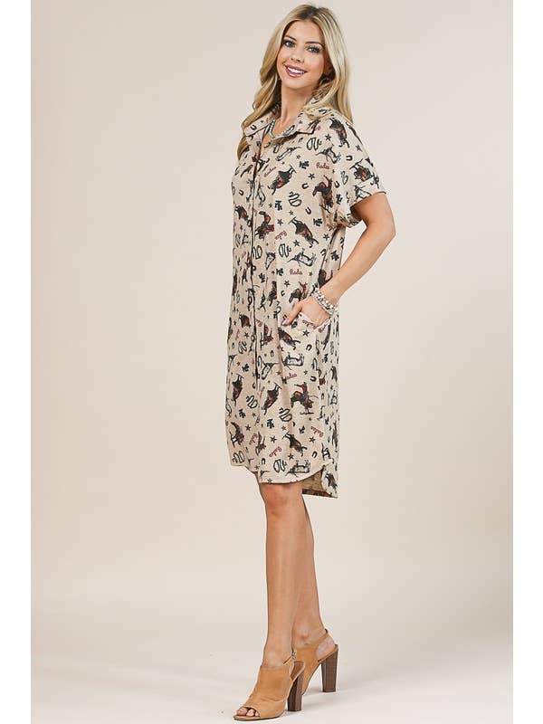CAMEL AV1246-ANNIE COWBOY PRINT RELAXED BUTTON DOWN DRESS for wholesale on Faire