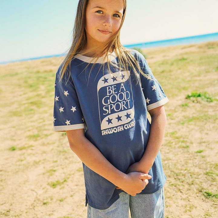 Good Sport Kids Boxy Ringer Tee in Blue for wholesale by Skwosh