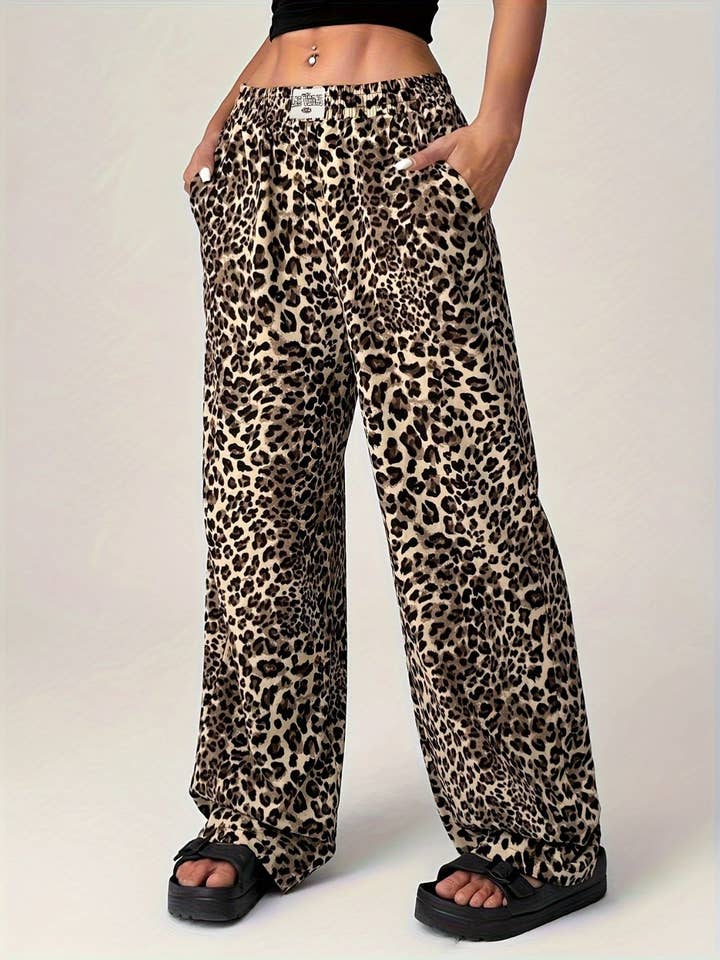 Leopard Wide Leg Pants with Pockets for wholesale by Beyond Apparel