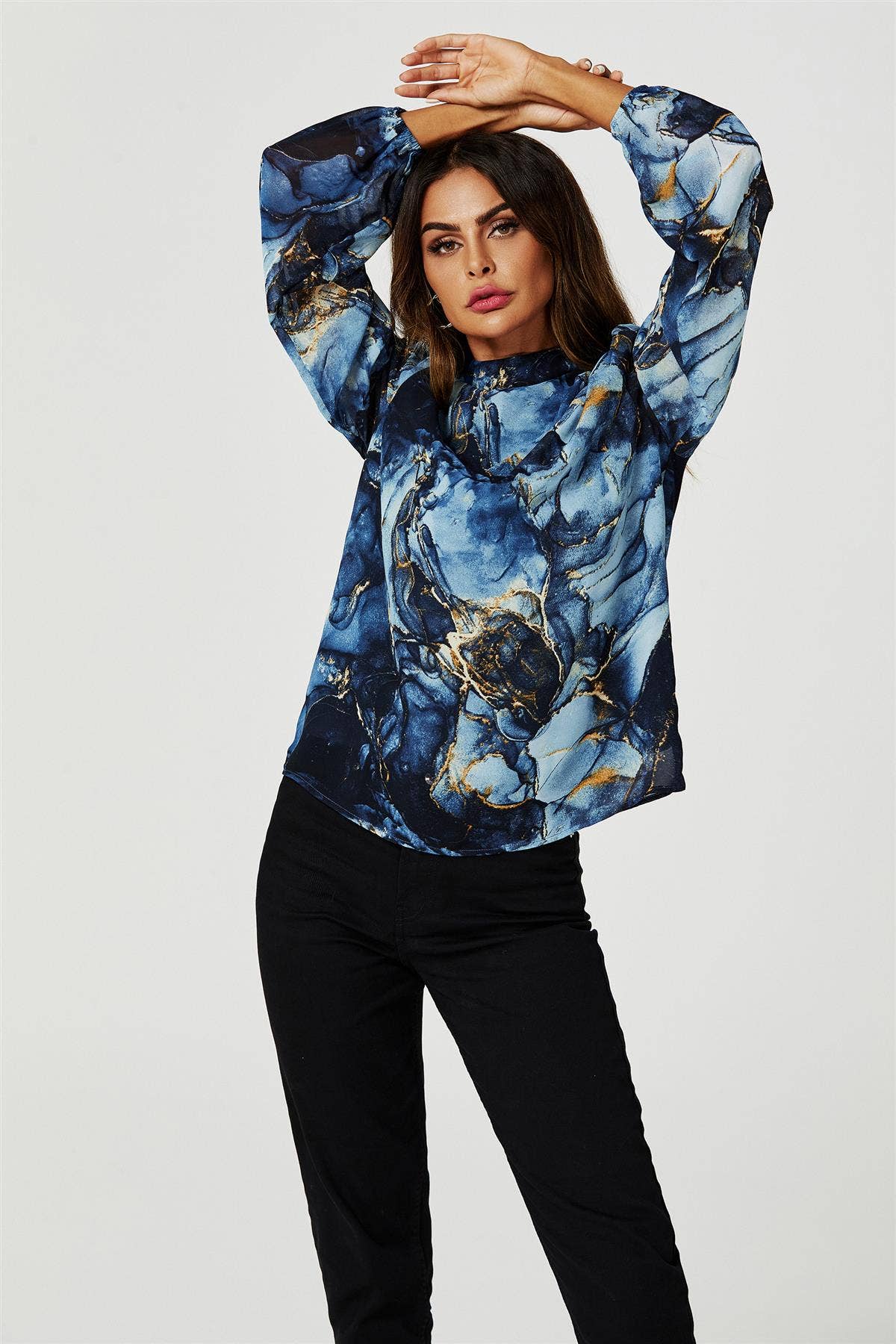 Marble Print Long Sleeve High Neck Top In Navy for wholesale on Faire3