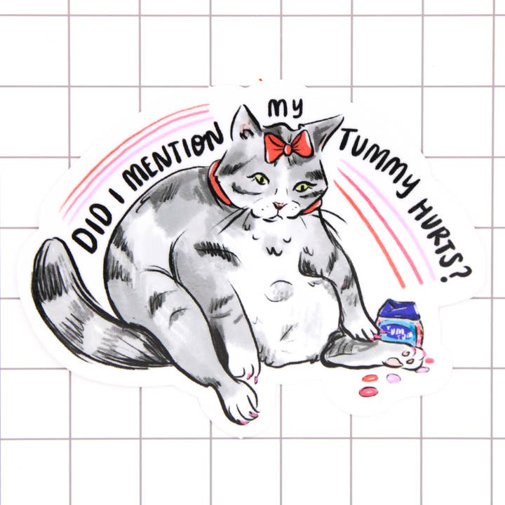 Tummy Ache Cat Vinyl Sticker for wholesale by Amy Hartelust Art and Illustration