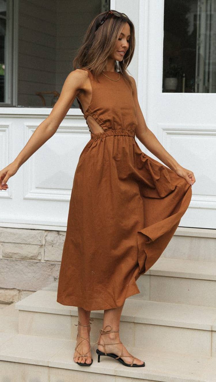 Brown Ladies Elastic Strape Back Sleeveless Midi Dress 993 for wholesale on Faire2