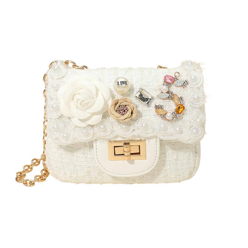 Sensibling Corp. - Wholesale Crossbody Bag - Women's - Floral Pearl Stone Cluster Embellished Tweed Mini Handbag / Crossbody Bag11