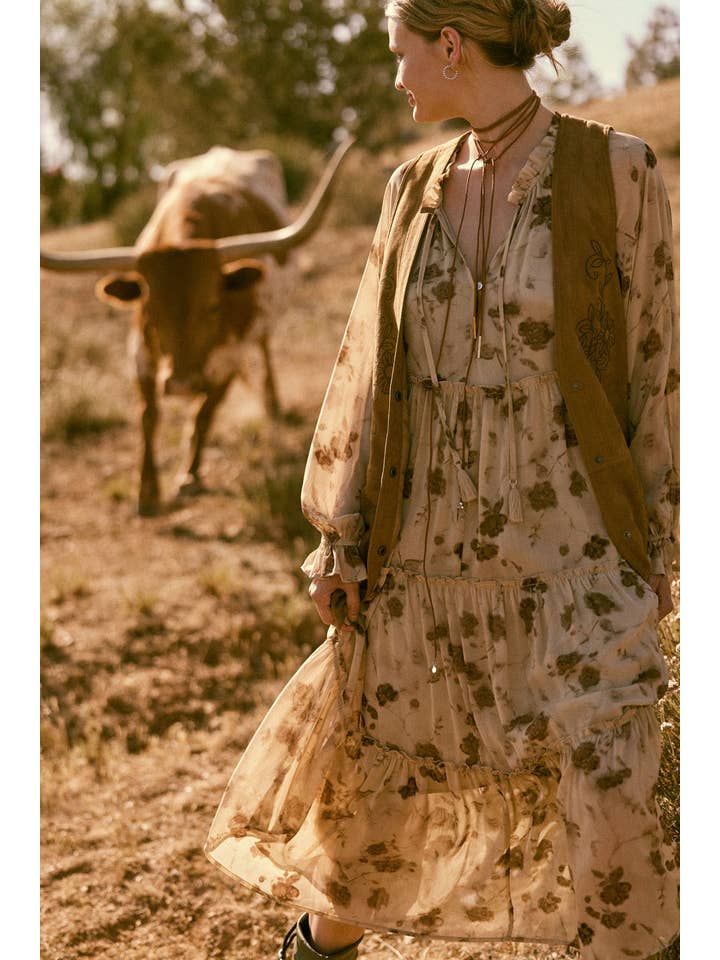 Sand Floral Chiffon Tiered Ruffle Midi Prairie Dress for wholesale on Faire1