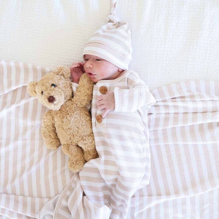 Caden Lane - Wholesale Babygown Set - Baby - Latte Stripes Bamboo Waffle Newborn Baby Knot Gown & Hat Set3